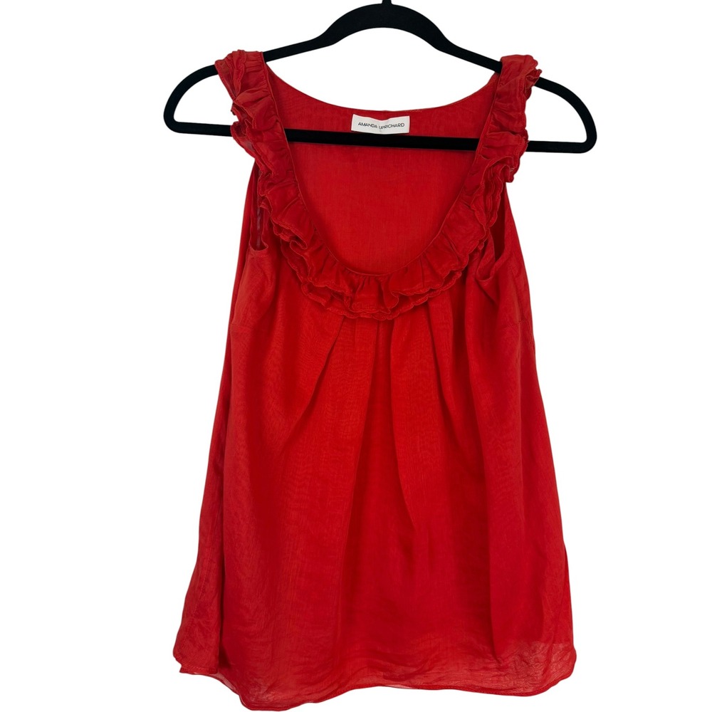 Amanda Uprichard Red Silk Ruffle Neck Sleeveless Tank Top Blouse